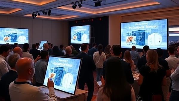 A virtual event setting with digital screens displaying branded products seamlessly integrated into the environment, surrounded by engaged attendees interacting with the products, illustrating the immersive and impactful nature of virtual product placements facilitated by ProductSpot Virtual.