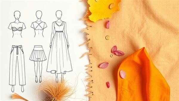 An artistic visual representation of a sustainable fashion design course for teens, featuring sketches of eco-friendly clothing designs, swatches of organic fabrics, and vibrant colors symbolizing creativity and sustainability in fashion, inspiring young designers to explore ethical fashion practices.