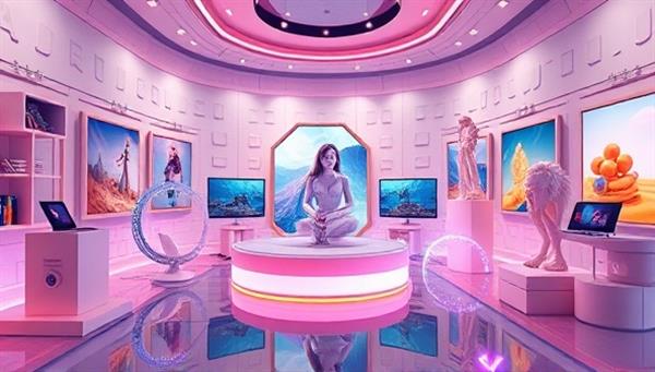 A futuristic virtual art gallery interface showcasing digital artworks in a 3D immersive environment, with NFT collections displayed as interactive tokens, surrounded by digital sculptures and dynamic visual effects, offering a glimpse into the innovative and creative world of digital art and blockchain technology.