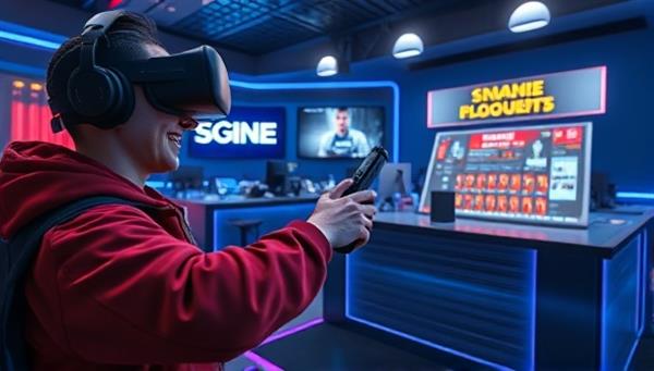 An immersive virtual reality scene where a character in a game interacts with a branded product seamlessly integrated into the gameplay, illustrating the concept of interactive product placement.