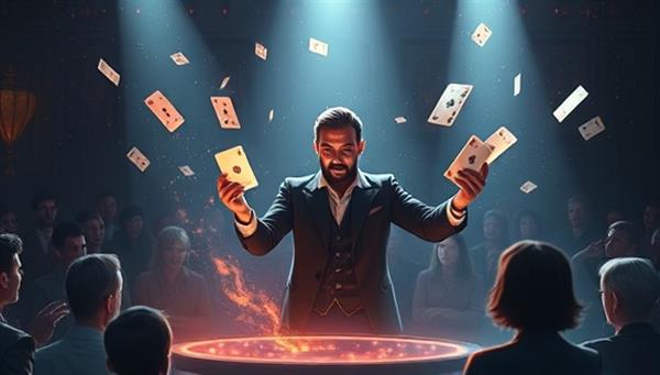 A mystical digital illustration featuring a magician performing a spellbinding trick with floating cards and shimmering lights, surrounded by a virtual audience of amazed spectators, capturing the enchantment and wonder of the magic masterclasses at Enigma Academy.