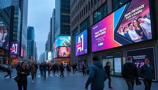 An urban setting with digital billboards displaying dynamic and personalized ads based on AI targeting, capturing the attention of passersby and showcasing the innovative and data-driven approach of the smart out-of-home advertising network.