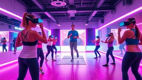 A dynamic virtual reality fitness studio environment with users wearing VR headsets, engaging in workout classes, and interacting with virtual trainers in a futuristic and immersive fitness setting, showcasing the innovative and engaging nature of the virtual fitness experience.