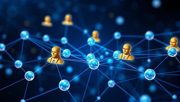 An artistic visualization of interconnected blockchain nodes representing freelancers and businesses exchanging services and payments securely and transparently, symbolizing the trust and efficiency of the blockchain-based freelancer marketplace.