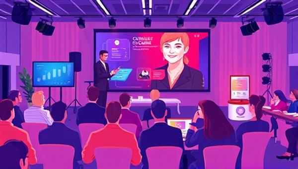 An engaging digital illustration of a virtual event planning team coordinating a virtual conference, featuring a virtual host, technical support staff, and interactive audience participation elements, creating a vibrant and professional event atmosphere.