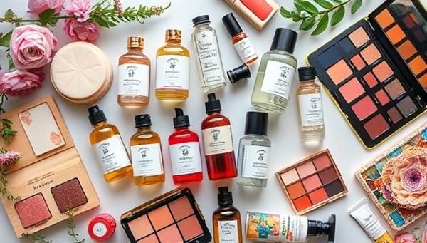 An artistic flat lay image showcasing a variety of indie beauty products, including handcrafted soaps, artisanal perfumes, natural skincare items, and colorful makeup palettes, reflecting the diversity and creativity of the beauty marketplace for indie brands.