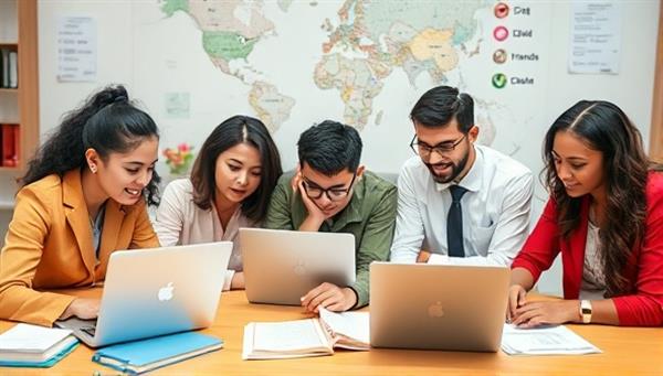 An engaging visual of diverse language specialists collaborating on a government translation project, with laptops, dictionaries, and cultural references visible in the background, illustrating the seamless and efficient language services provided by the platform for government clients.
