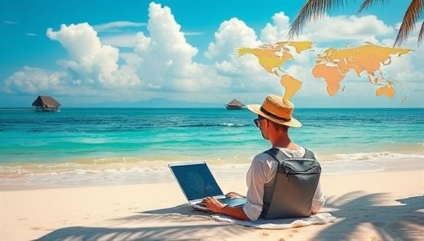 An inspiring visual depicting a digital nomad working from a picturesque beach location, with a laptop, tropical scenery, and a map in the background, capturing the essence of the nomadic lifestyle promoted by Nomad Navigators.
