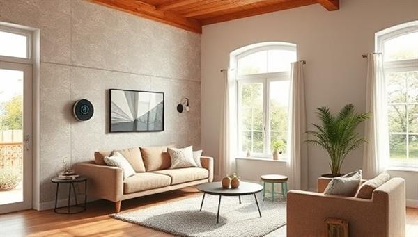 An inviting modern living room with solar reflective insulation panels on the walls, a smart thermostat displayed prominently, and natural light streaming in through energy-efficient windows, creating a sustainable and cozy atmosphere.
