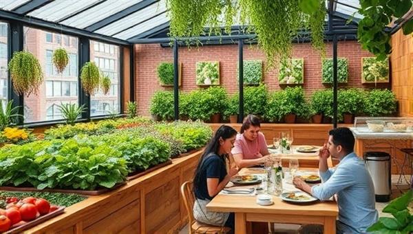 A vibrant farm-to-table restaurant setting with a lush urban garden backdrop, fresh produce displays, chef-prepared dishes using locally sourced ingredients, and diners enjoying a sustainable dining experience that celebrates community connections and sustainable agriculture at Roots & Harvest Bistro.
