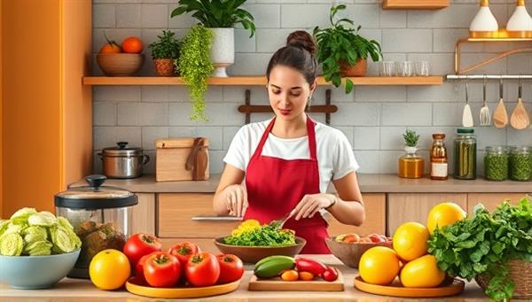 An enticing and colorful virtual kitchen scene with a nutrition coach preparing a healthy meal while explaining the benefits of each ingredient, surrounded by fresh produce and cooking utensils, exuding expertise and creativity.