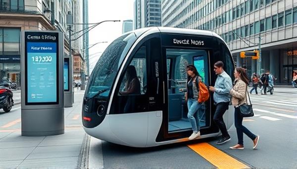 A vibrant urban scene showcasing a futuristic shuttle pod picking up commuters at a designated stop, with a digital display showing route information and a diverse group of passengers boarding the pod, highlighting convenience and modern mobility solutions.
