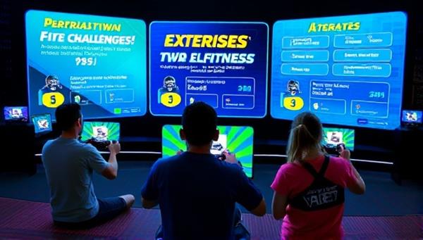 An energetic visual representation of gamers engaging in virtual fitness challenges, performing exercises while gaming, with motivational messages and fitness progress indicators on the screen, inspiring a healthy and active gaming lifestyle through GamerFit Quest.