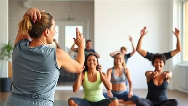 A dynamic and energetic virtual fitness coach leading an online workout session with clients, showcasing a diverse group of individuals exercising together from different locations, conveying inclusivity and motivation.