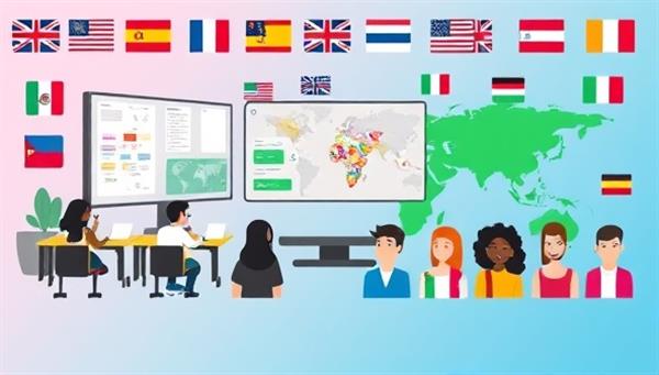 An online language learning platform interface showcasing virtual classrooms, interactive language games, global language flags, and diverse avatars representing members from different cultures and backgrounds, fostering a sense of language diversity and community.