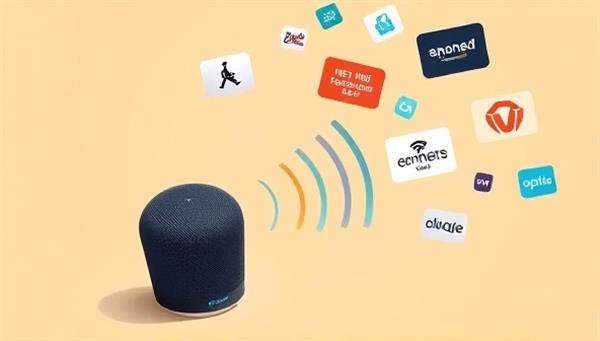 An illustration of a smart speaker emitting sound waves with various branded audio ads floating around, symbolizing the immersive and interactive nature of voice-activated advertising through EchoAd Waves.