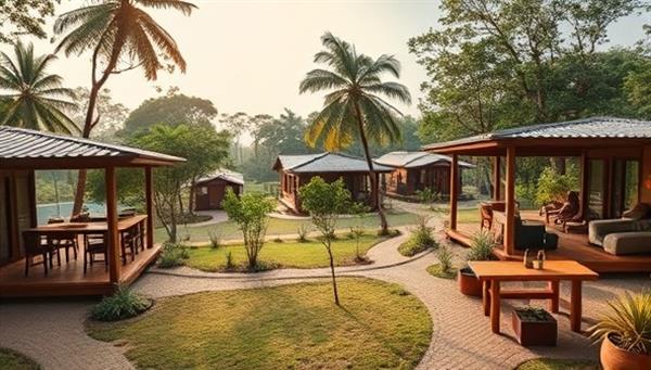 A serene coworking village nestled amidst nature, featuring individual workstations with scenic views, communal areas for networking and collaboration, and wellness spaces for yoga sessions and meditation, creating a harmonious blend of work and leisure at WorkWell Wanderlands, inspiring productivity and wellness.