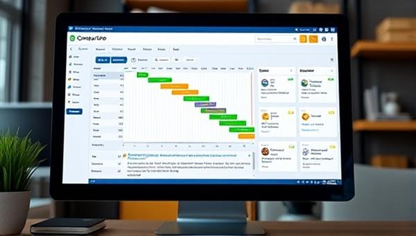 A computer screen displaying the ConstructPro Online platform with interactive Gantt charts, budget trackers, and messaging features, showcasing the convenience and efficiency of online construction project management.