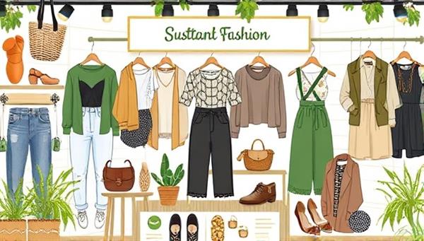A visually appealing digital illustration showcasing a collection of stylish and eco-friendly clothing items and accessories, displayed in a sustainable fashion marketplace setting with green branding elements, natural textures, and a focus on ethical and conscious fashion choices.