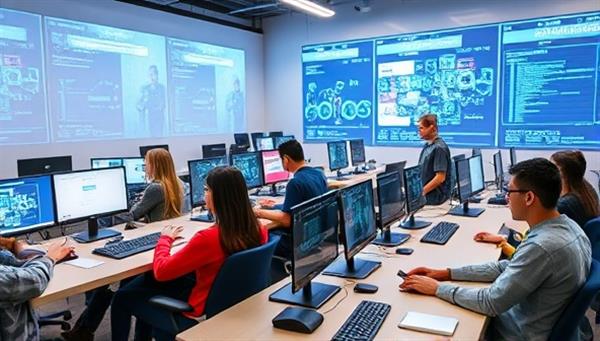 An innovative tech learning lab equipped with high-tech computers, coding software, and interactive displays, with students of diverse backgrounds engaged in collaborative coding projects, attending workshops, and receiving mentorship, showcasing a dynamic and inclusive tech learning environment.