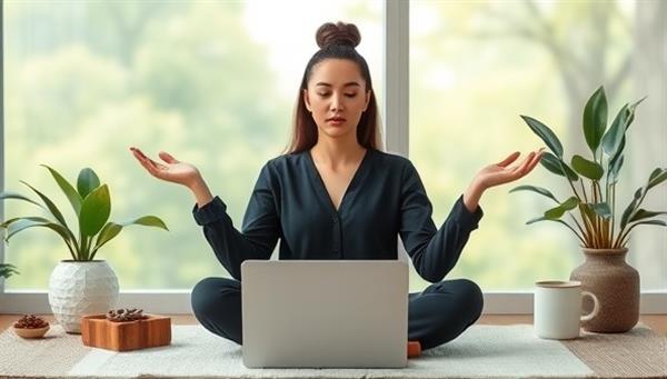 A serene online wellness coaching session with a virtual coach guiding a professional through relaxation exercises, surrounded by calming nature visuals and wellness props, creating a tranquil and supportive atmosphere for holistic well-being and self-care.