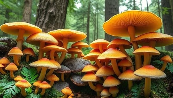 An enchanting forest scene with a variety of exotic mushrooms growing in a controlled environment, showcasing the diversity and beauty of gourmet mushroom species, evoking a sense of culinary adventure and natural wonder at MushroomHarvest Haven.