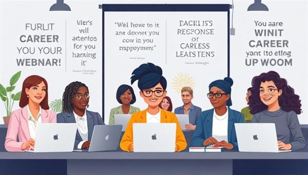 An engaging digital illustration featuring a diverse group of professionals attending a virtual career development webinar, with laptops, notebooks, and motivational career quotes in the background, conveying a sense of learning, growth, and professional empowerment.
