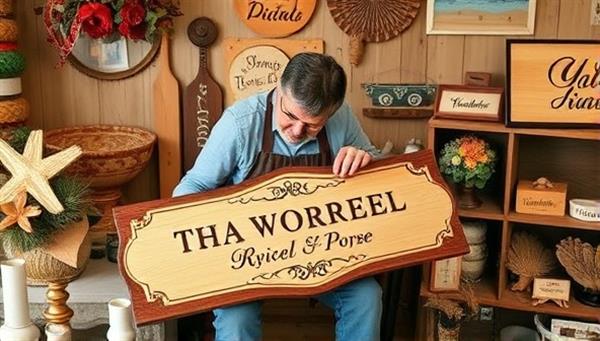 An artisan crafting a wooden sign with intricate engraving, surrounded by a cozy home setting adorned with various personalized wooden decor items, exuding warmth and individuality in home styling.