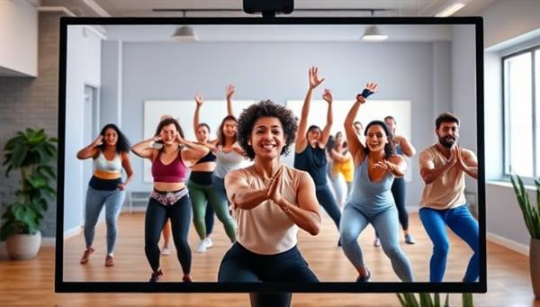 A vibrant virtual fitness session with a diverse group of people exercising together on-screen, guided by a dynamic fitness coach, showcasing inclusivity, energy, and motivation.