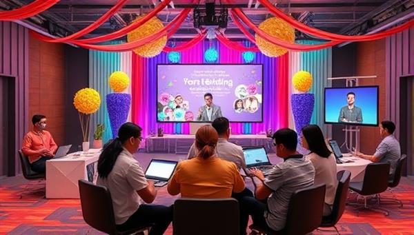 A dynamic virtual event setup with colorful digital decorations, interactive elements, and diverse avatars engaging in a virtual team-building activity, illustrating the platform
