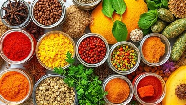 An assortment of vibrant spices and herbs arranged in small glass jars, showcasing a colorful palette of flavors and aromas, inviting subscribers to embark on a sensory journey of culinary exploration and creativity.