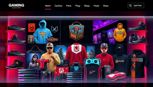 An eye-catching visual of a diverse range of gaming merchandise items displayed on a sleek and modern online marketplace website, featuring vibrant colors, stylish designs, and popular gaming motifs to attract the attention of gamers and enthusiasts.