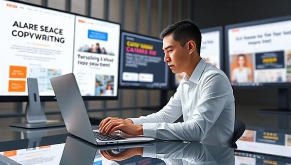 An AI-powered virtual assistant typing away on a sleek laptop, surrounded by screens displaying engaging ad copies and website content, symbolizing the efficiency and creativity of AI-driven copywriting services in a digital workspace.