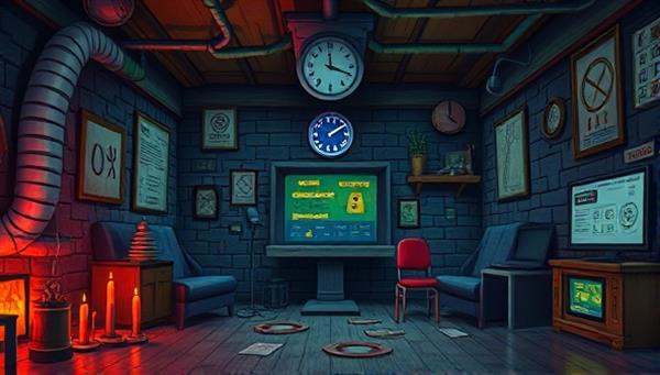 An exciting digital illustration of a virtual escape room filled with intricate puzzles, mysterious clues, and a countdown timer, creating a sense of urgency and excitement for players solving the challenges together online.