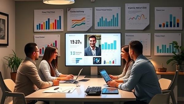 A professional digital marketing agency workspace with a team brainstorming digital strategies on a virtual call, surrounded by digital marketing data charts and social media engagement metrics, conveying expertise and collaboration in digital marketing consultancy.