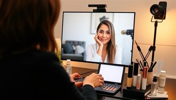 An inspiring image of a virtual beauty mentorship session in progress, showing a mentor providing guidance to a mentee via video call, with beauty tools, product samples, and a portfolio on display, illustrating a supportive and professional mentorship environment for beauty career development.