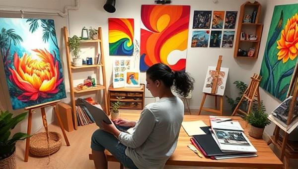 A digital art studio setup with a beginner artist engaging in an online art class, surrounded by vibrant paintings, sketchbooks, and digital drawing tablets, creating a colorful and inspirational learning environment.