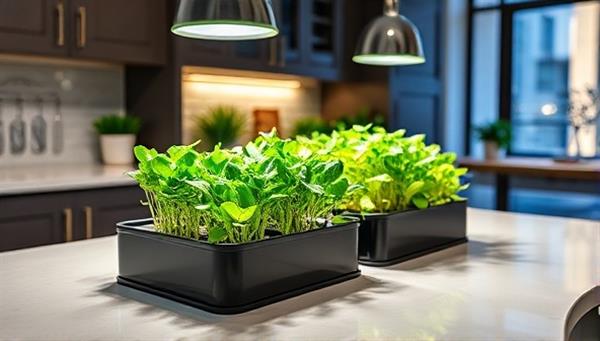 An image of a modern kitchen counter with vibrant microgreens growing in sleek containers under LED grow lights, illustrating urban gardening in a stylish urban setting.