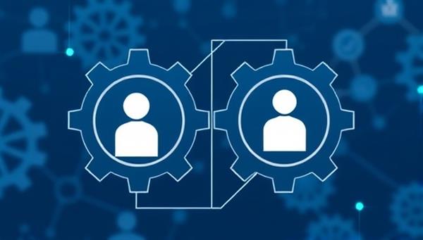 An illustration of interconnected gears symbolizing the seamless integration of AI technology in talent matching, with job seekers and companies represented on opposite sides, coming together in perfect alignment.