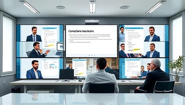 An image of a virtual meeting room with professionals discussing compliance regulations on multiple screens, showcasing a modern and efficient approach to compliance assistance.