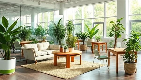 An eco-friendly office setting with recycled furniture, plants, and natural lighting, symbolizing sustainability and a green business environment.