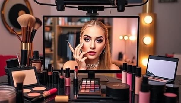An engaging virtual makeup workshop setup with a makeup artist showcasing a step-by-step tutorial on creating a glamorous look, surrounded by a variety of makeup products and tools, creating a vibrant and interactive online learning environment.