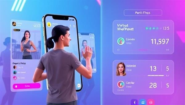 An engaging visual of a user participating in a virtual fitness challenge through the app, featuring interactive workout routines, progress tracking, and gamified elements like rewards and achievements, highlighting the fusion of gaming and fitness in a dynamic and motivating environment.
