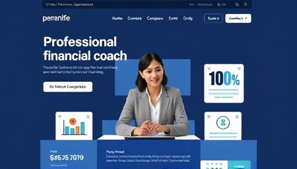 A modern and sleek website interface showcasing various financial tools and resources, with a professional financial coach guiding a client through a virtual coaching session, symbolizing guidance and empowerment in financial matters.