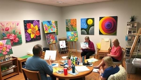 An art studio filled with colorful paintings, art supplies, and comfortable seating, with clients engaged in creative expression and therapeutic art-making, conveying a sense of healing and emotional release.
