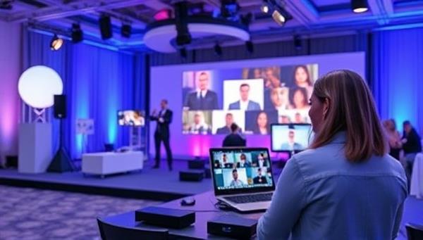 A virtual event planning scene with an event coordinator managing a digital event setup, coordinating with vendors and speakers via video calls, and overseeing the technical aspects of the virtual event, creating a dynamic and professional virtual event planning atmosphere.