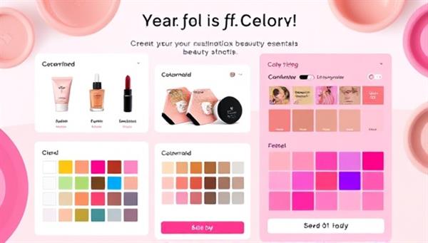 An interactive and visually appealing representation of the BeautyBlend Studio platform showcasing various beauty products with customizable options, color swatches, and packaging selections, inviting users to create their personalized beauty essentials in a fun and engaging way.