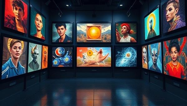 An immersive digital art gallery interface displaying a diverse collection of NFT artworks by emerging and established digital artists, accompanied by blockchain transaction records, artist profiles, and interactive bidding features, highlighting the innovative and secure art trading experience offered by ArtChain Gallery.