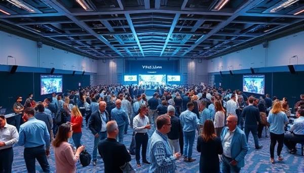 An immersive VR environment depicting a virtual event hall filled with avatars of attendees interacting, networking, and attending presentations, highlighting the dynamic and engaging nature of virtual events on the platform.