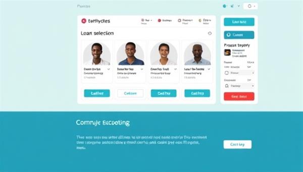 An online platform interface showing diverse profiles of lenders and borrowers, with interactive features for loan selection and progress tracking, illustrating the concept of direct financial support and community empowerment.